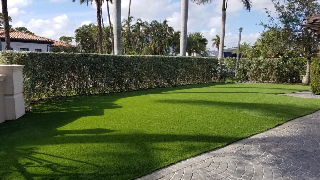 a grass lawn with palm trees and a stone walkway smart synthetic turf
